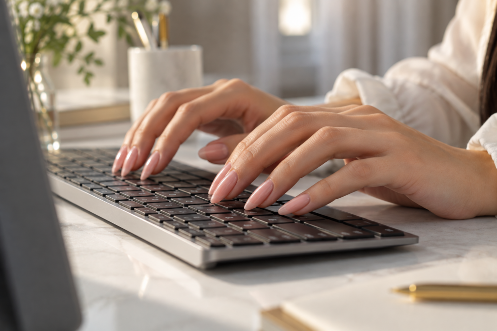 Hands with long nails positioned in an angled typing stance