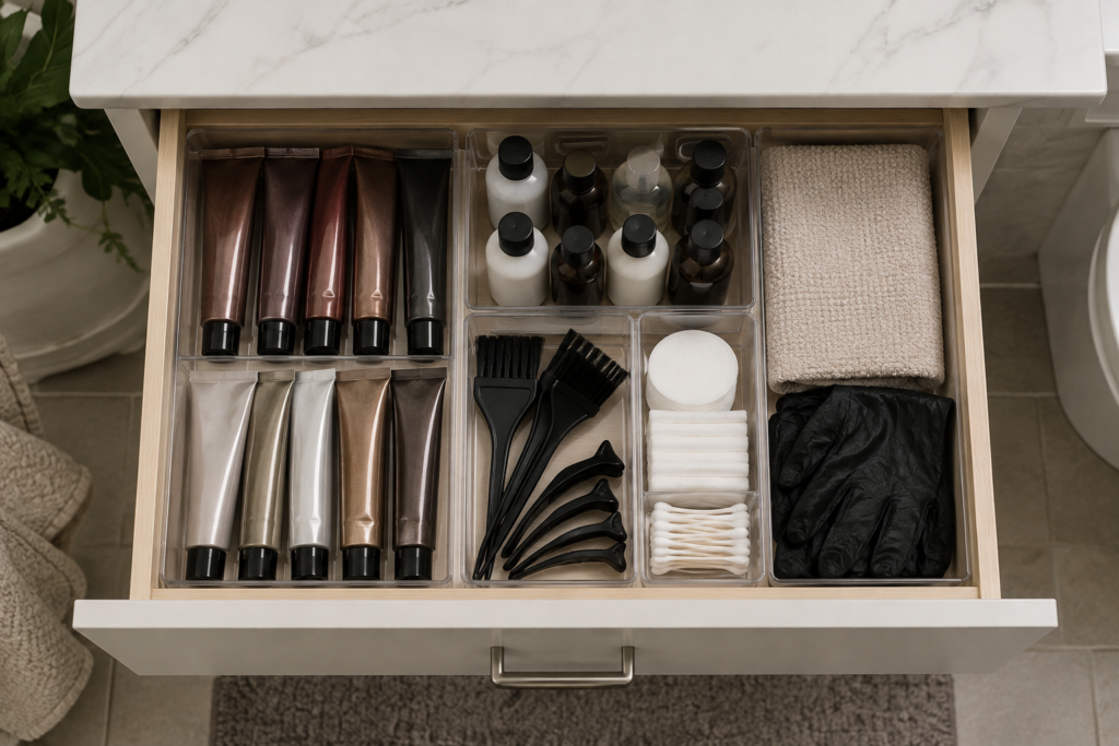 Unopened hair dye tubes stored neatly in a bathroom drawer