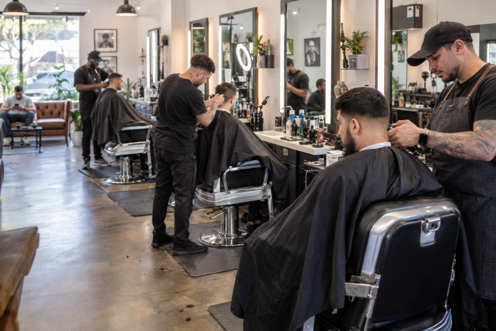 Busy walk-in salon with multiple clipper stations in use