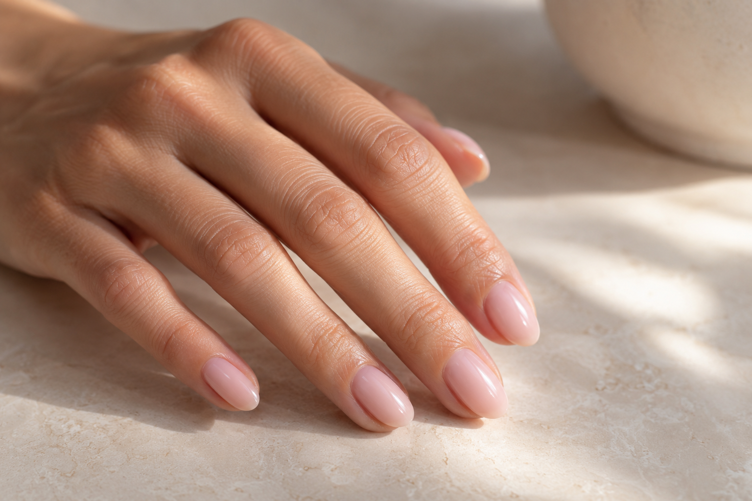 Close-up of a hand with a sheer milky pink bubble bath manicure