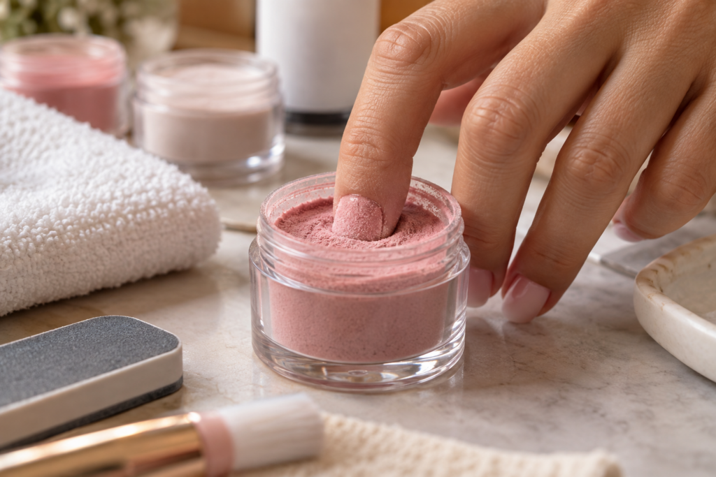 Hand dipping a nail into a container of colored dip powder