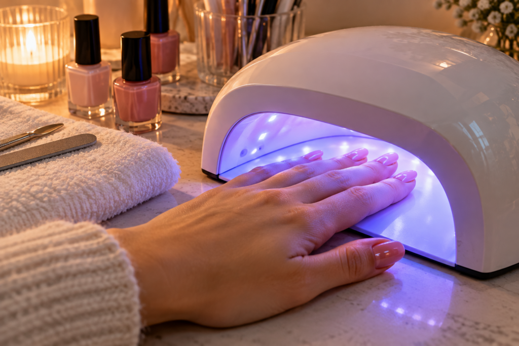 Hand with fingers under a UV lamp curing fresh gel polish