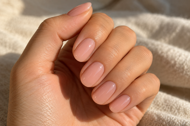 Hand with a glossy, well-finished gel manicure