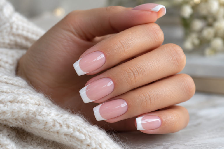Hand with classic pink and white solar acrylic nails