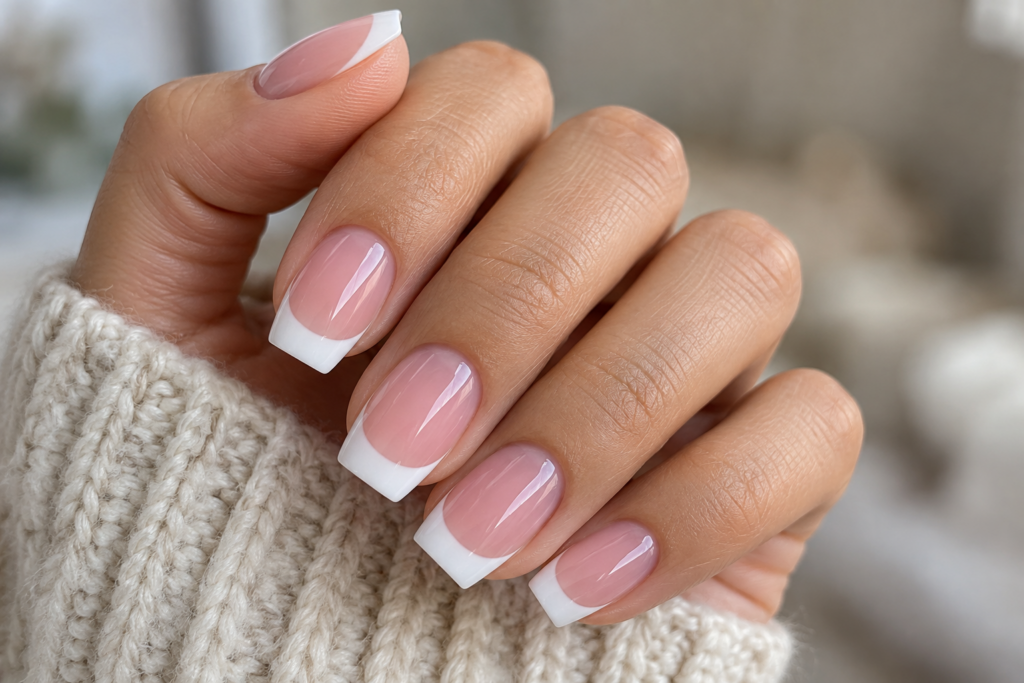 Hand with pink and white solar acrylic nails showing a clean French finish