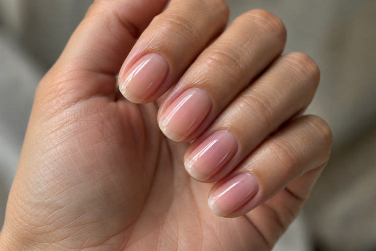 Hand with strong, glossy natural nails enhanced with a sheer BIAB overlay