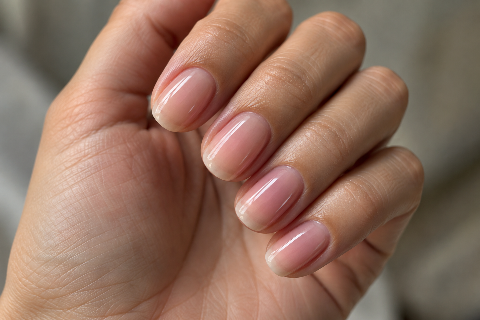 Hand with strong, glossy natural nails enhanced with a sheer BIAB overlay