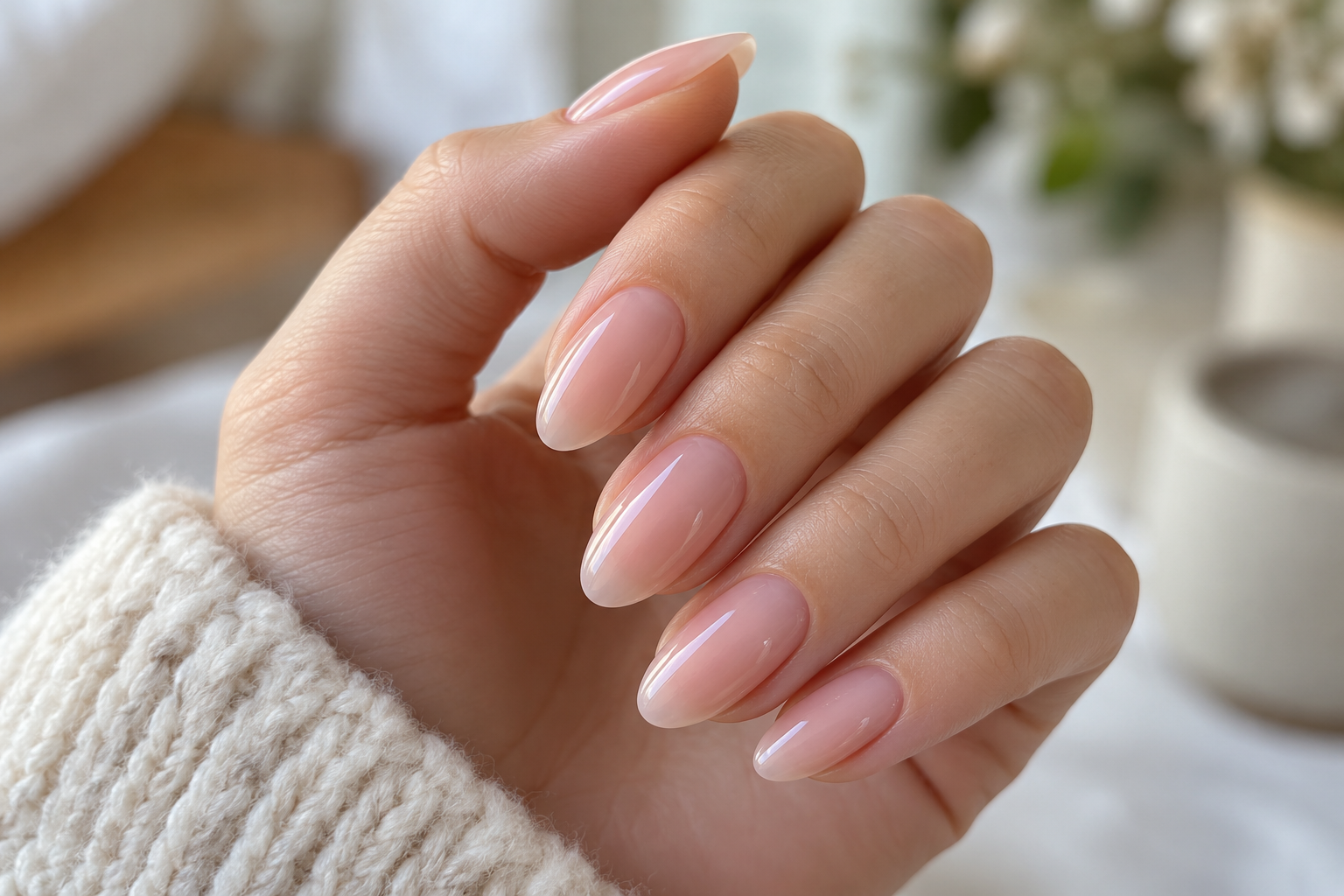 Hand with natural-looking, lightweight soft gel tip nail extensions