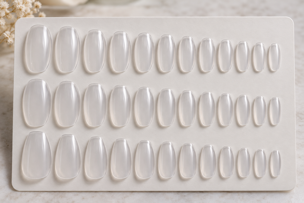 Pre-shaped soft gel nail tips arranged by size on a display card