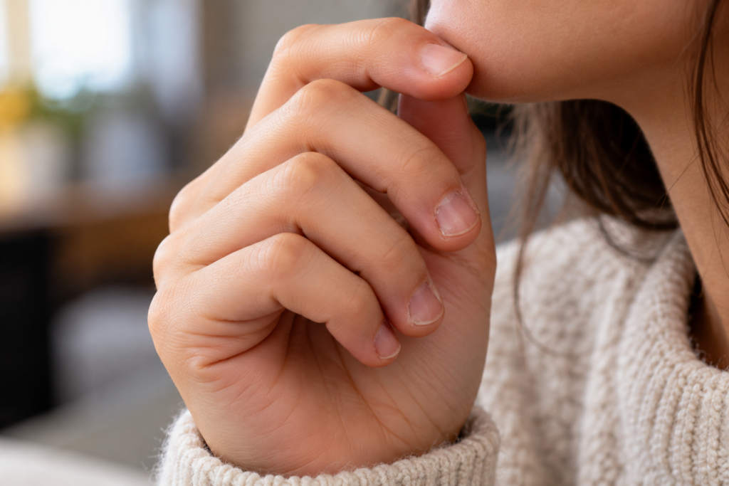 Hand with bitten nails resting near the chin in a thoughtful pose