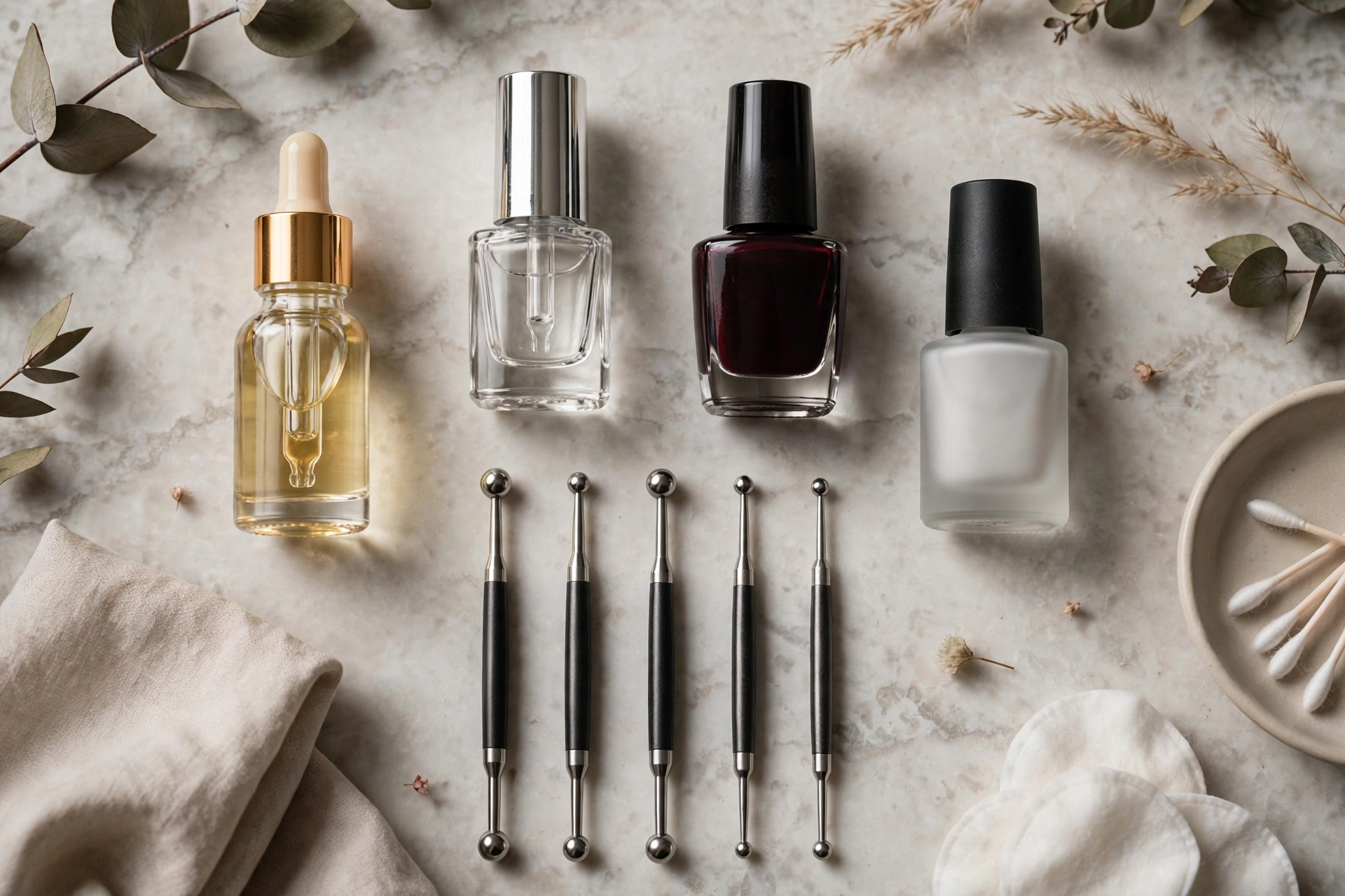 At-home dark manicure kit with polishes and nail art tools