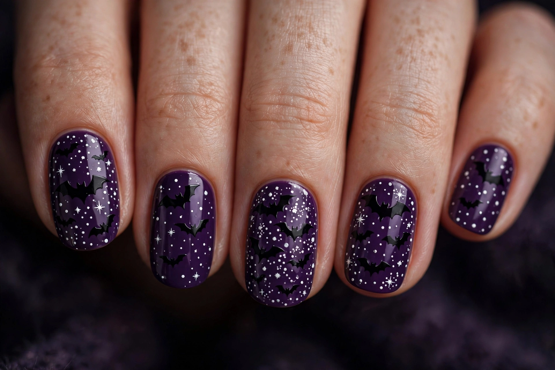 Bat silhouette Halloween nail art on purple nails