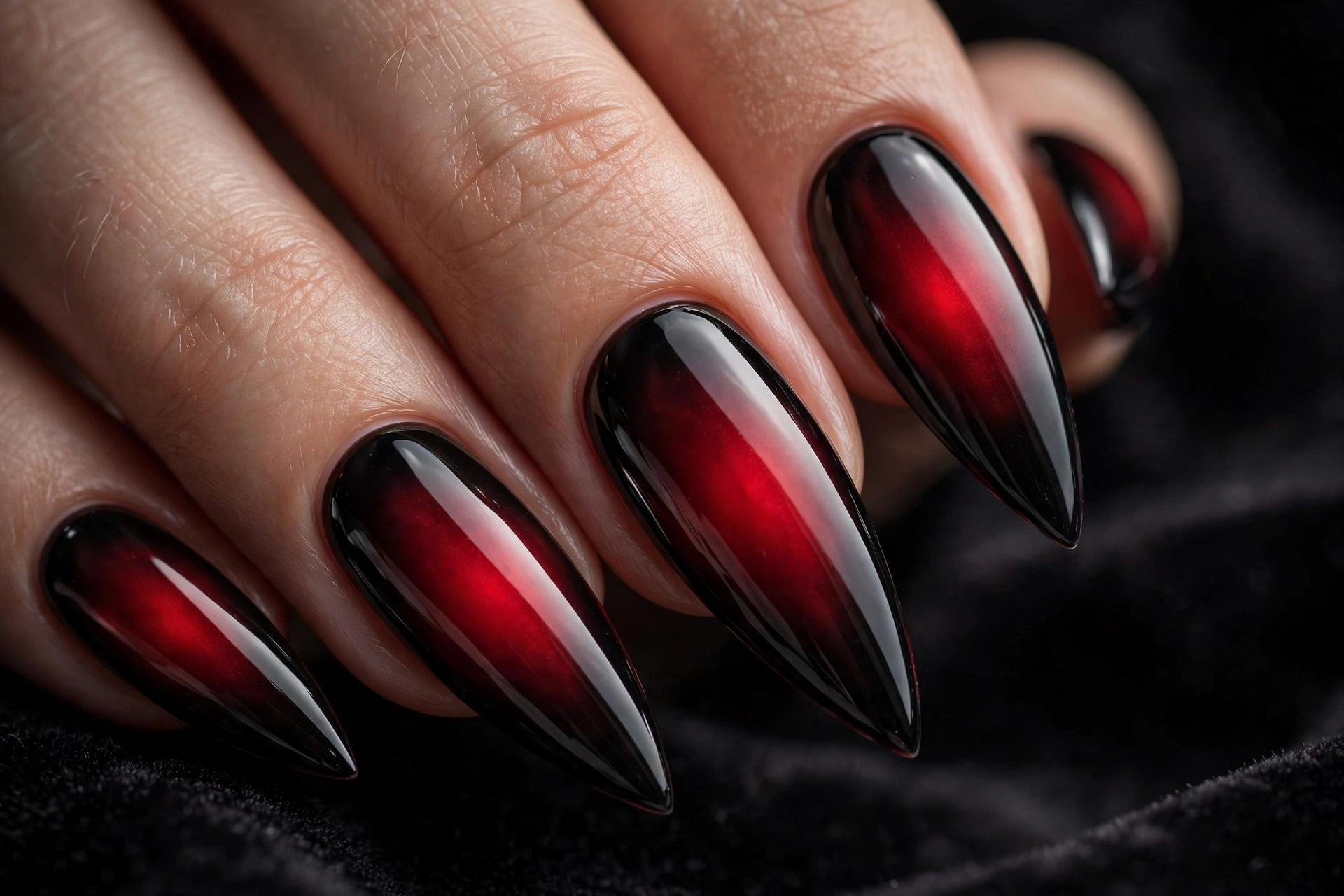 Black and deep red aura goth nail design with glossy finish