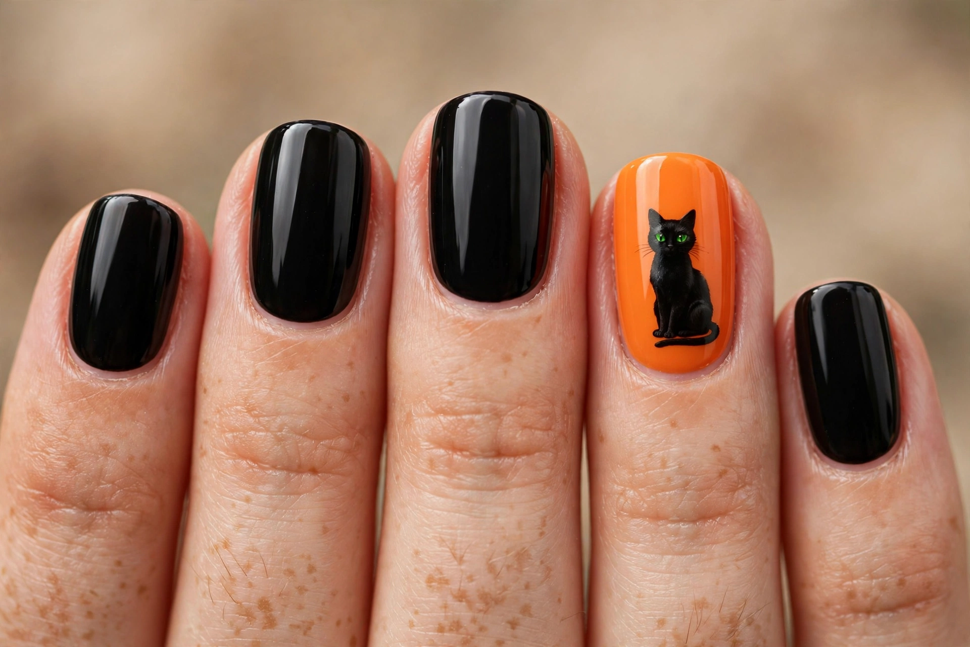Black cat silhouette Halloween nail art