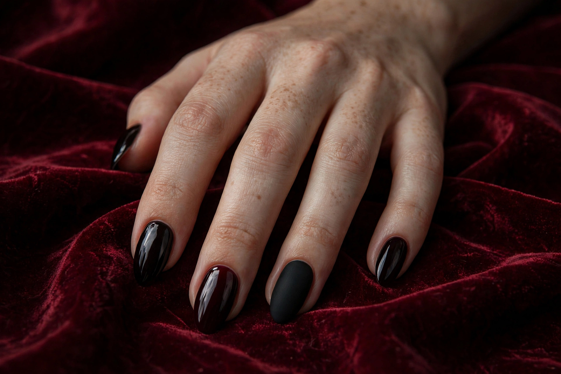 Black cherry goth nails with one matte black accent nail