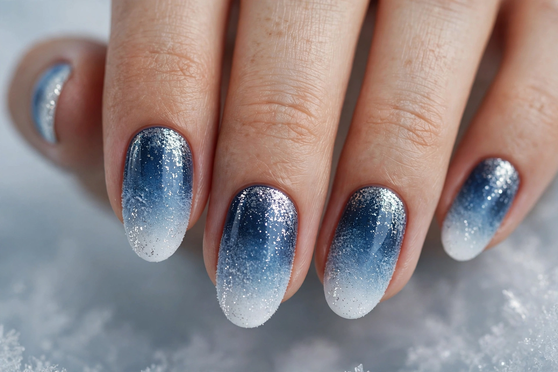 Blue frost gradient Christmas nail design
