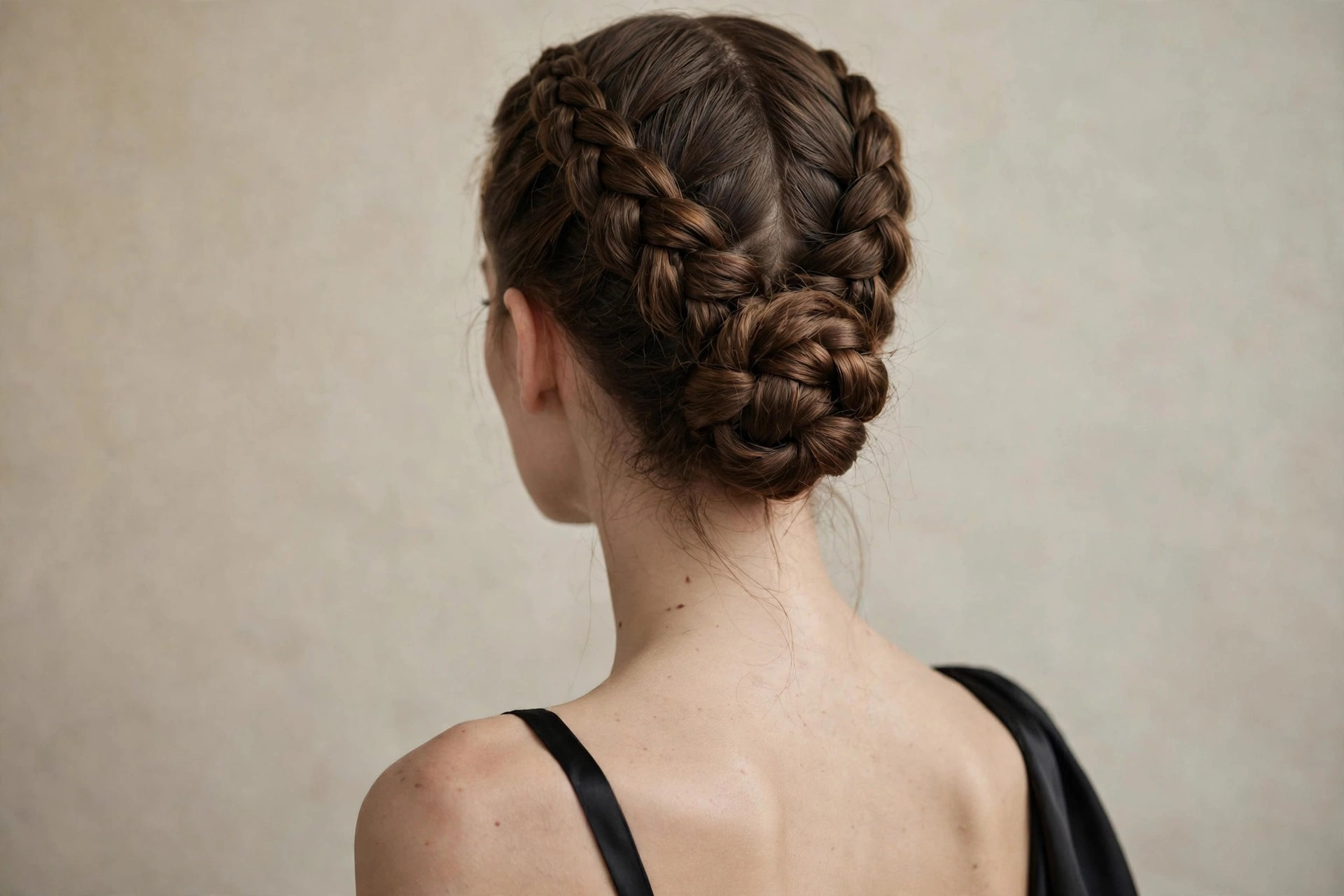 Braided crown bun updo with Dutch braids