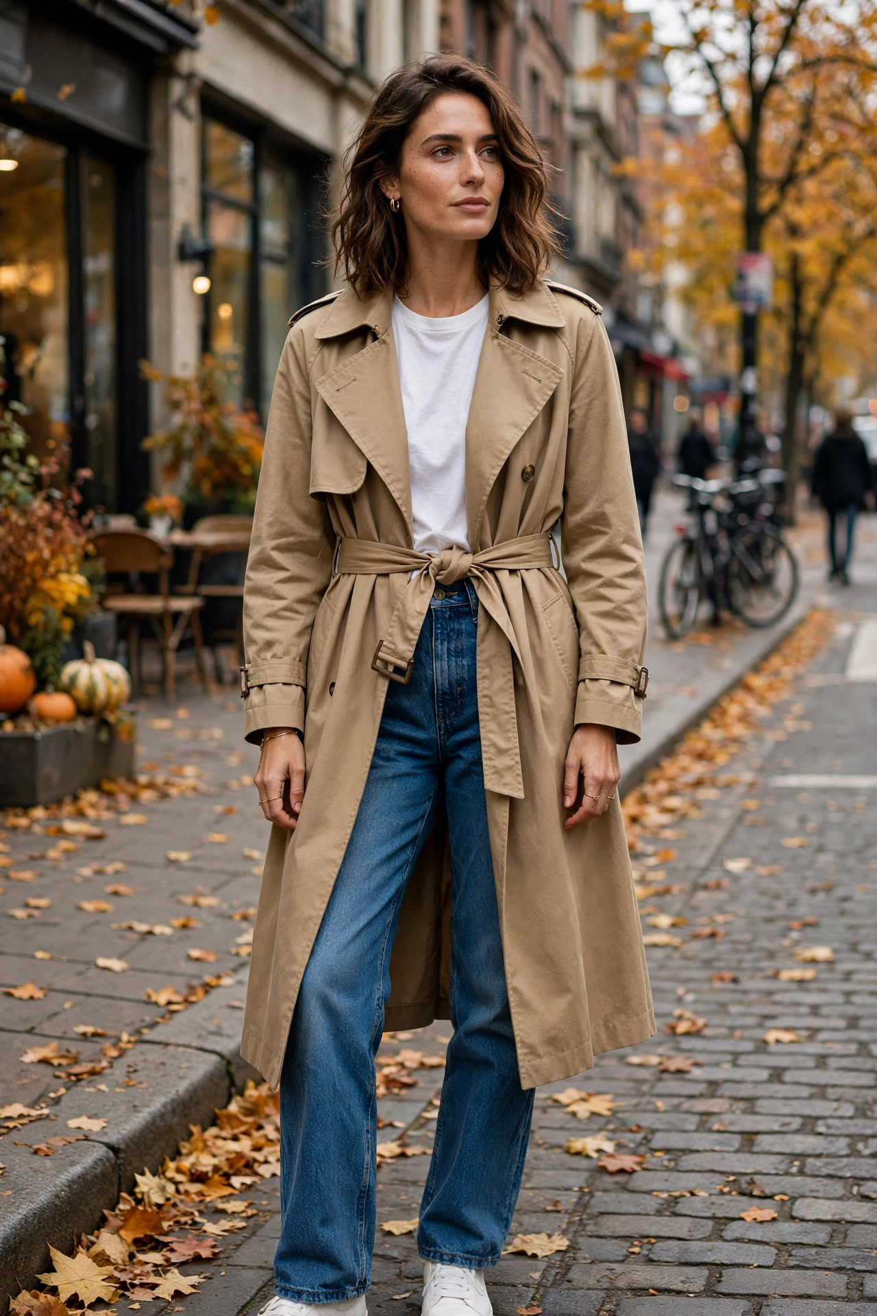 Camel trench coat fall statement layer outfit