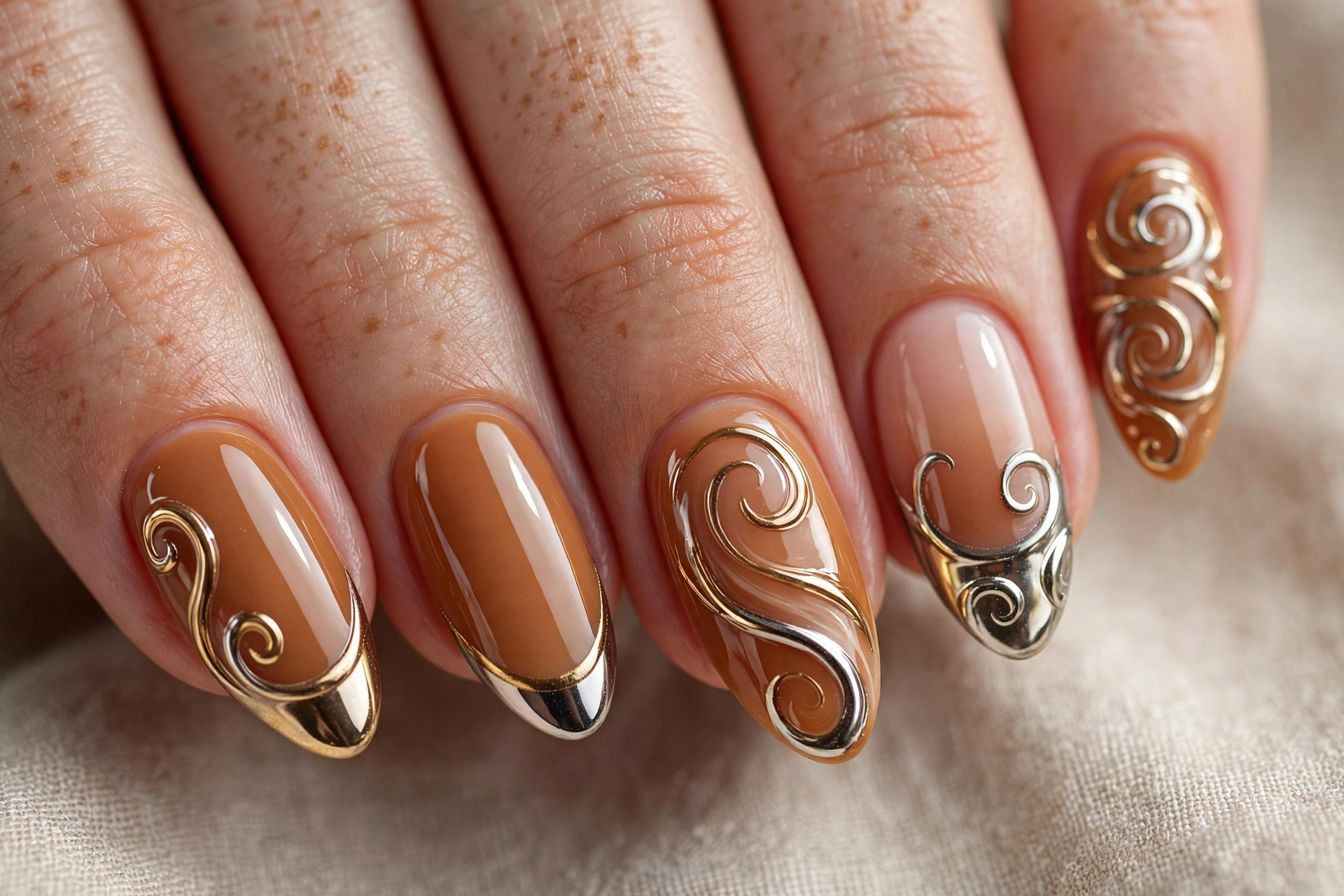 Caramel latte nail designs including swirls and chrome
