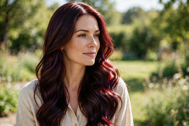 Cherry cola brunette hair color with red-violet shine in sunlight, long glossy waves