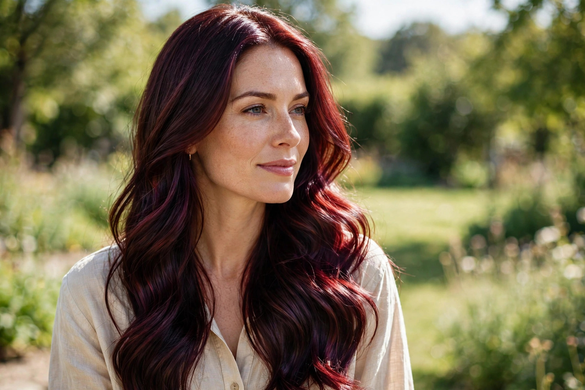 Cherry cola brunette hair color with red-violet shine in sunlight, long glossy waves
