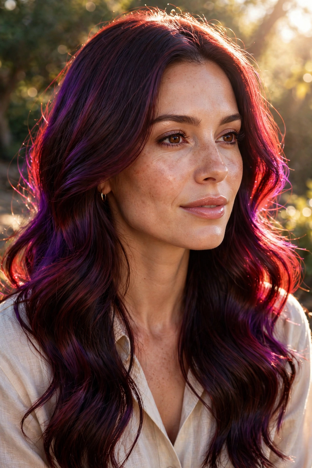 Cherry cola brunette hair color with red violet shine in sunlight