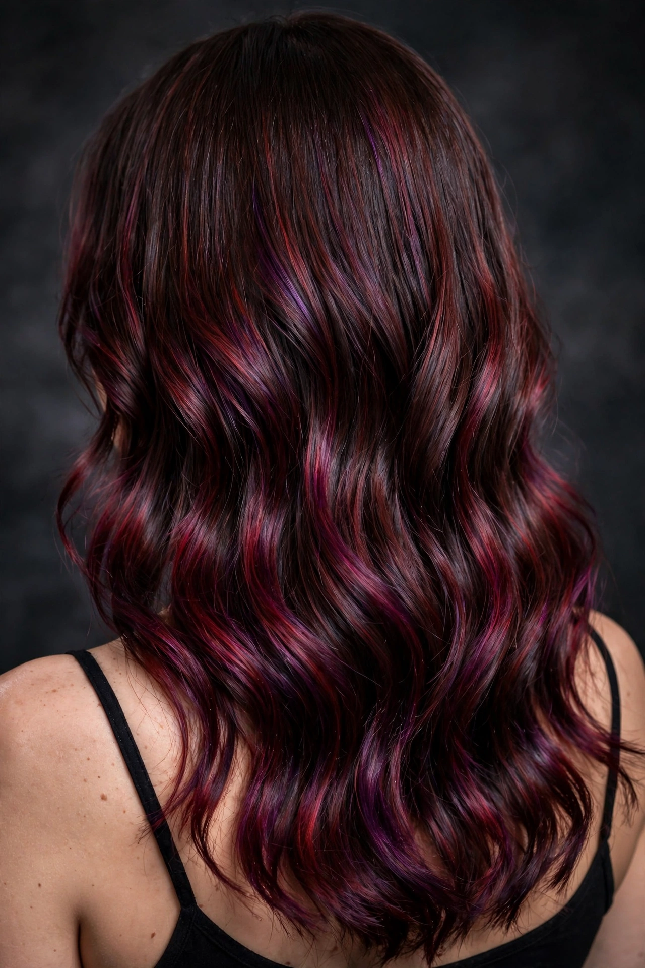 Freshly dyed cherry cola brunette hair showing red violet dimension