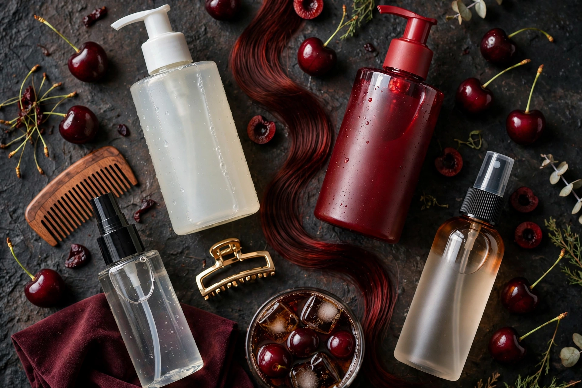 Cherry cola hair maintenance products with red depositing conditioner