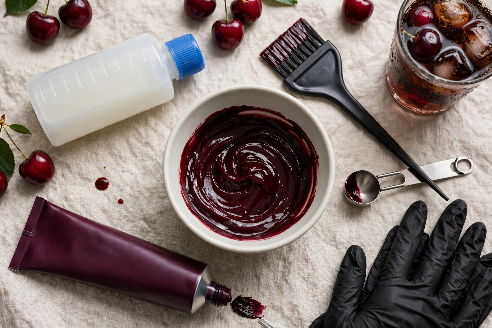 Cherry cola hair dye formula with red violet color tube and developer