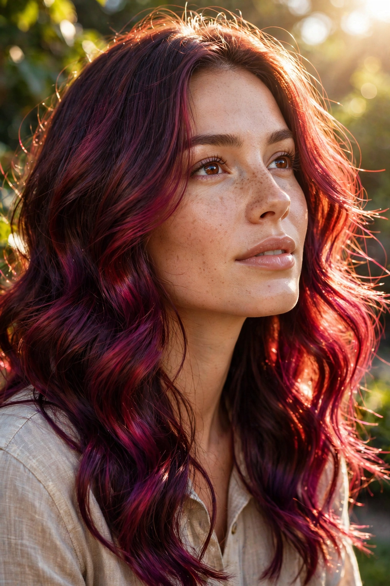 Cherry cola brunette hair in loose waves showing red tones
