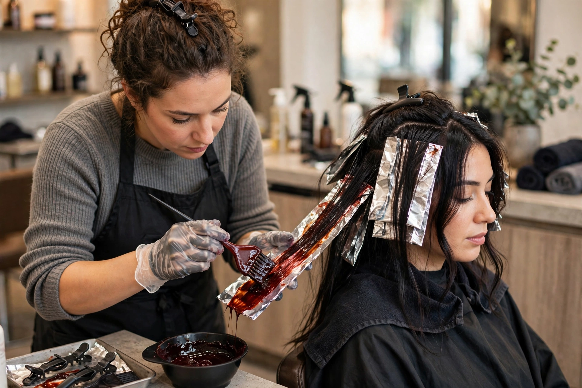 Salon colorist applying cherry cola hair color to client