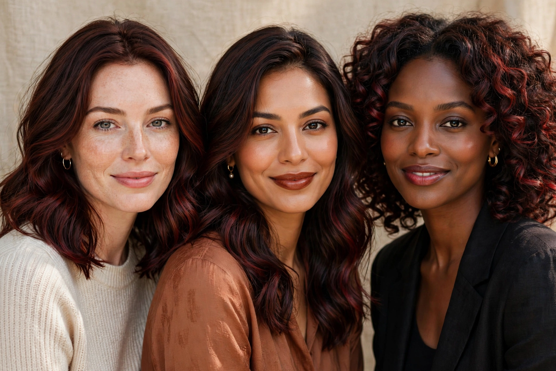 Cherry cola hair color on fair medium and deep skin tones