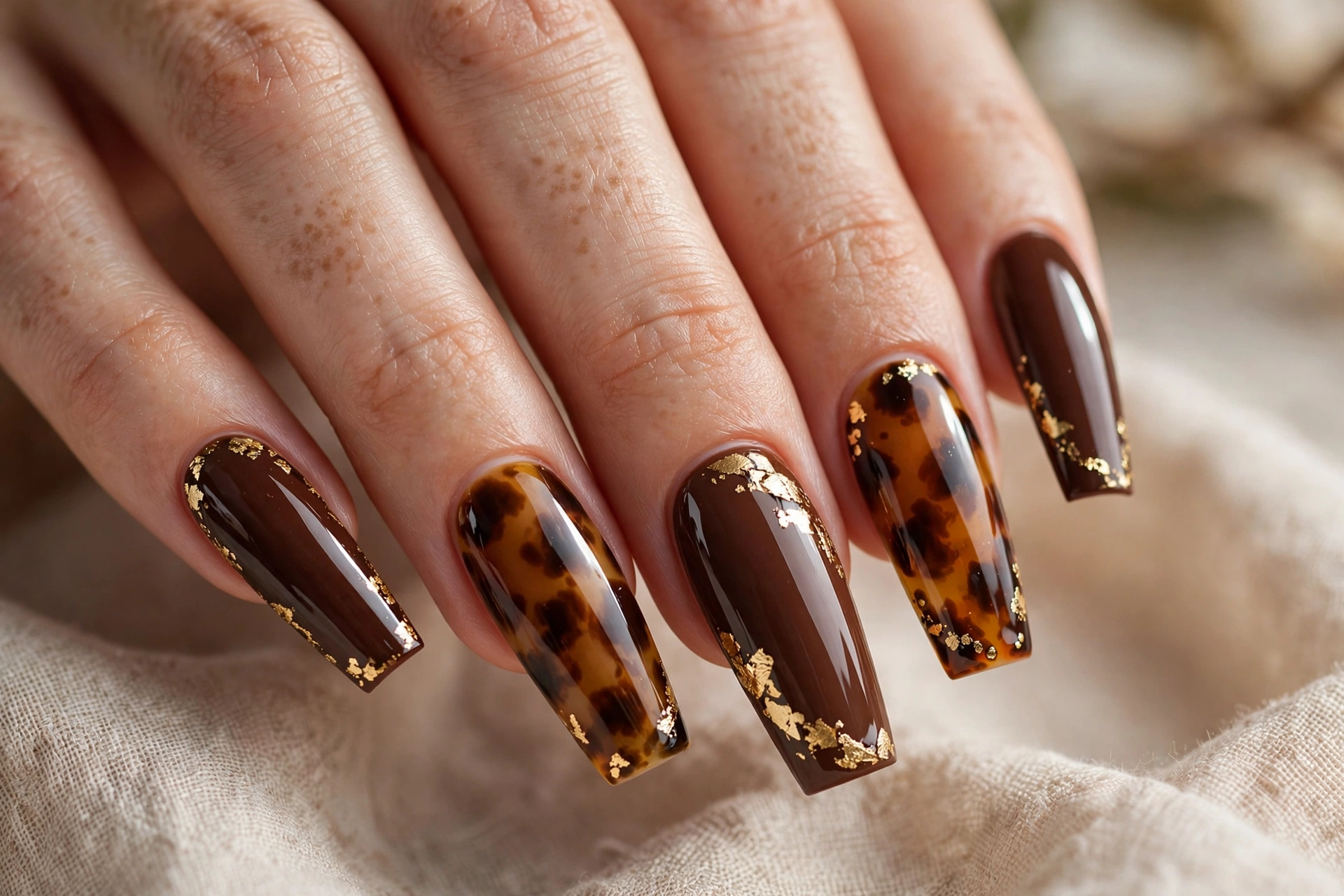 Chocolate latte nail designs with gold leaf and tortoise