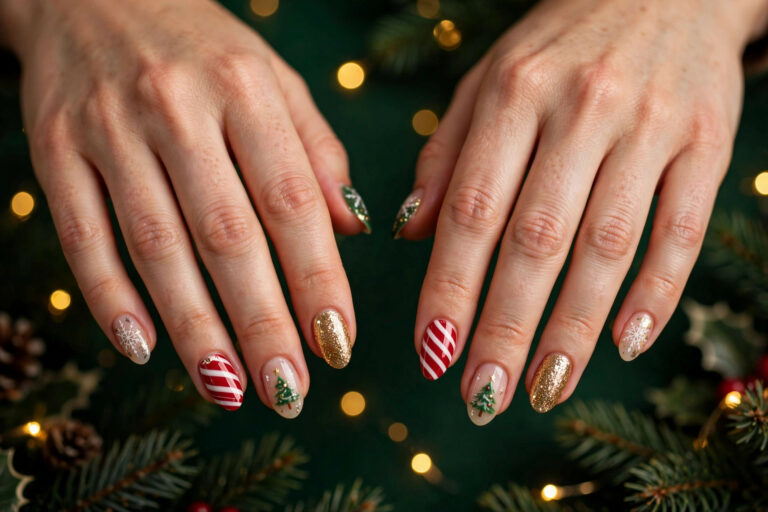 Christmas nail art designs with snowflakes, candy cane stripes, tiny Christmas tree and gold glitter on almond nails