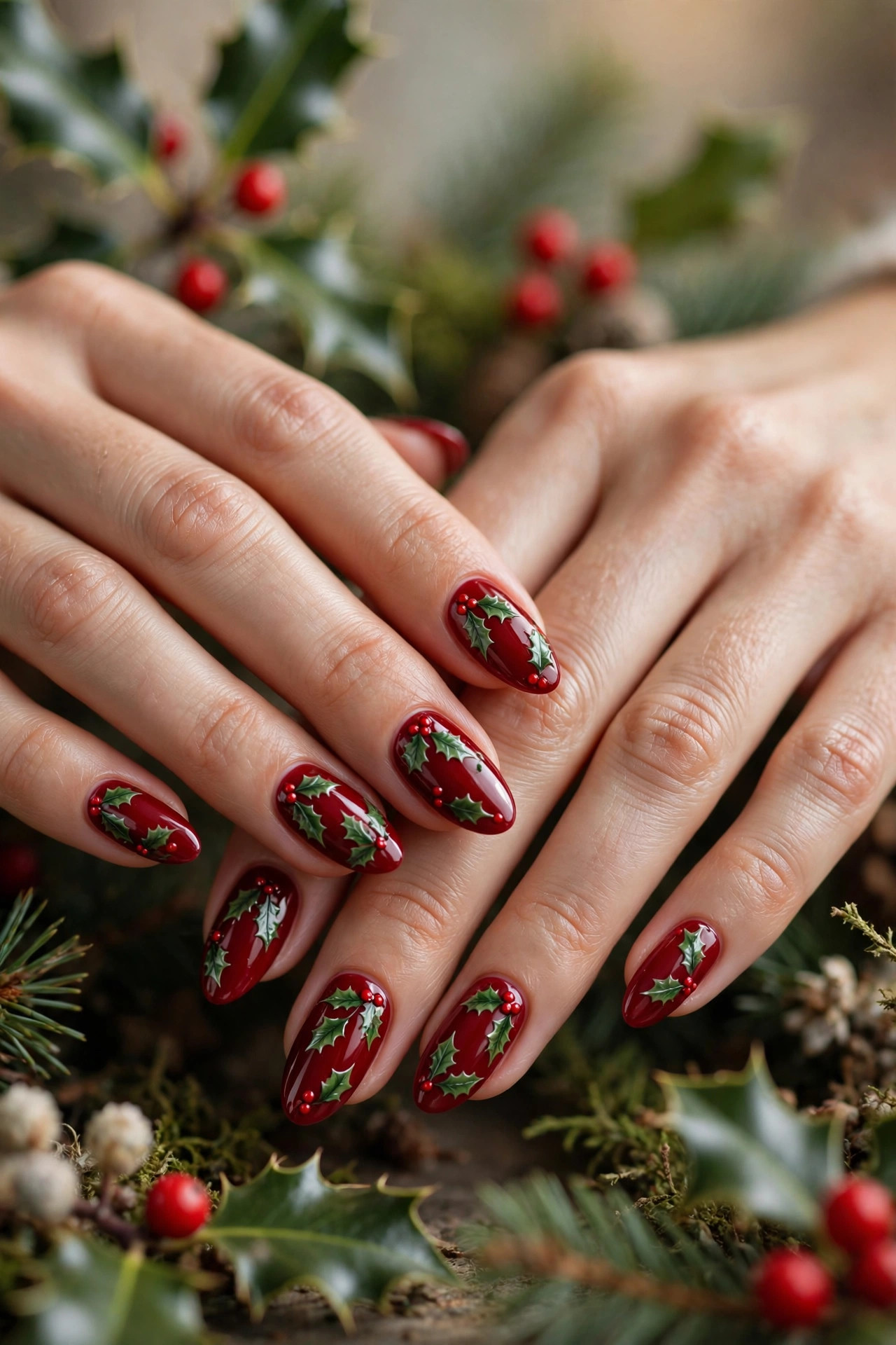 Christmas nail design: Holly Leaves