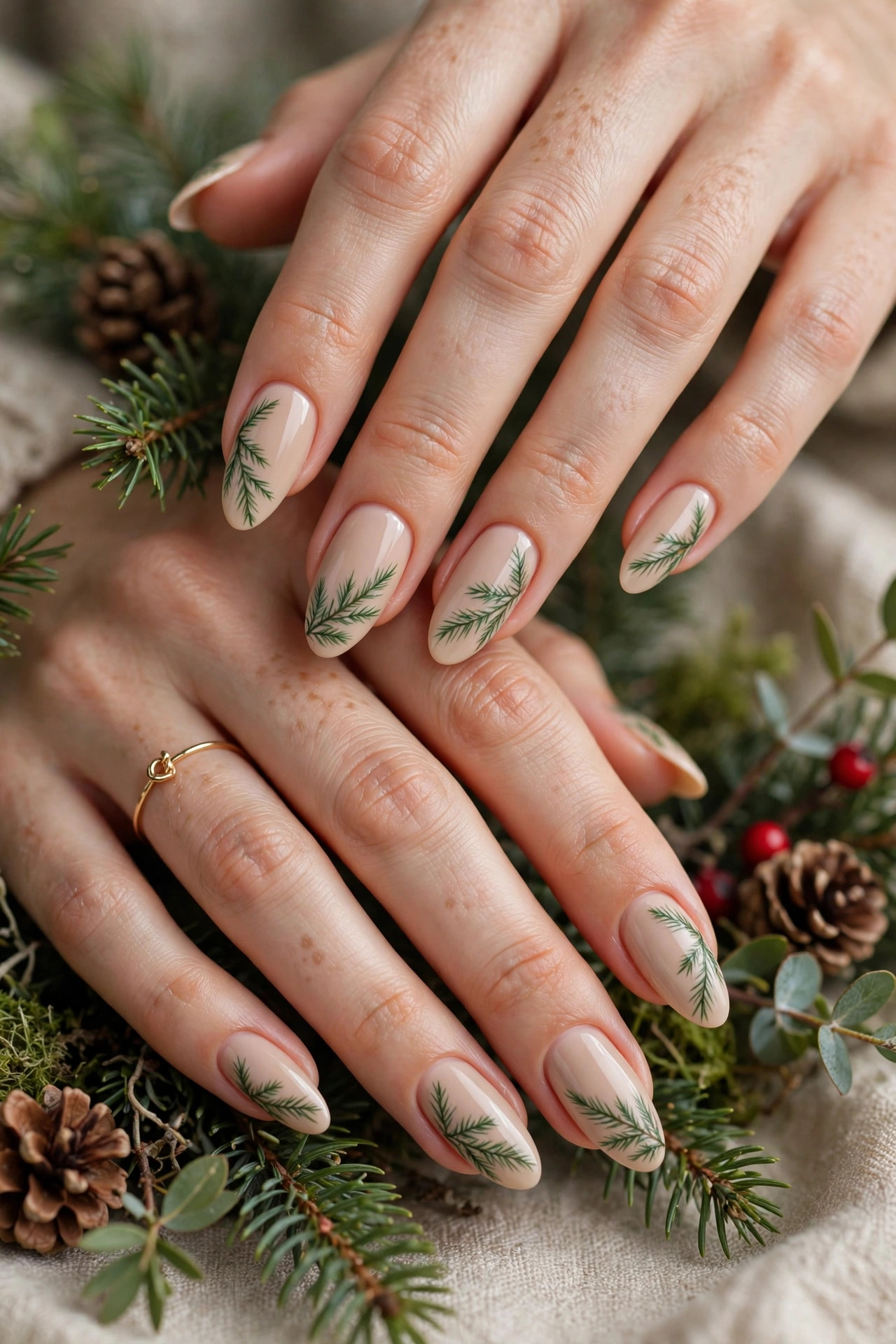 Christmas nail design: Evergreen Branch Strokes
