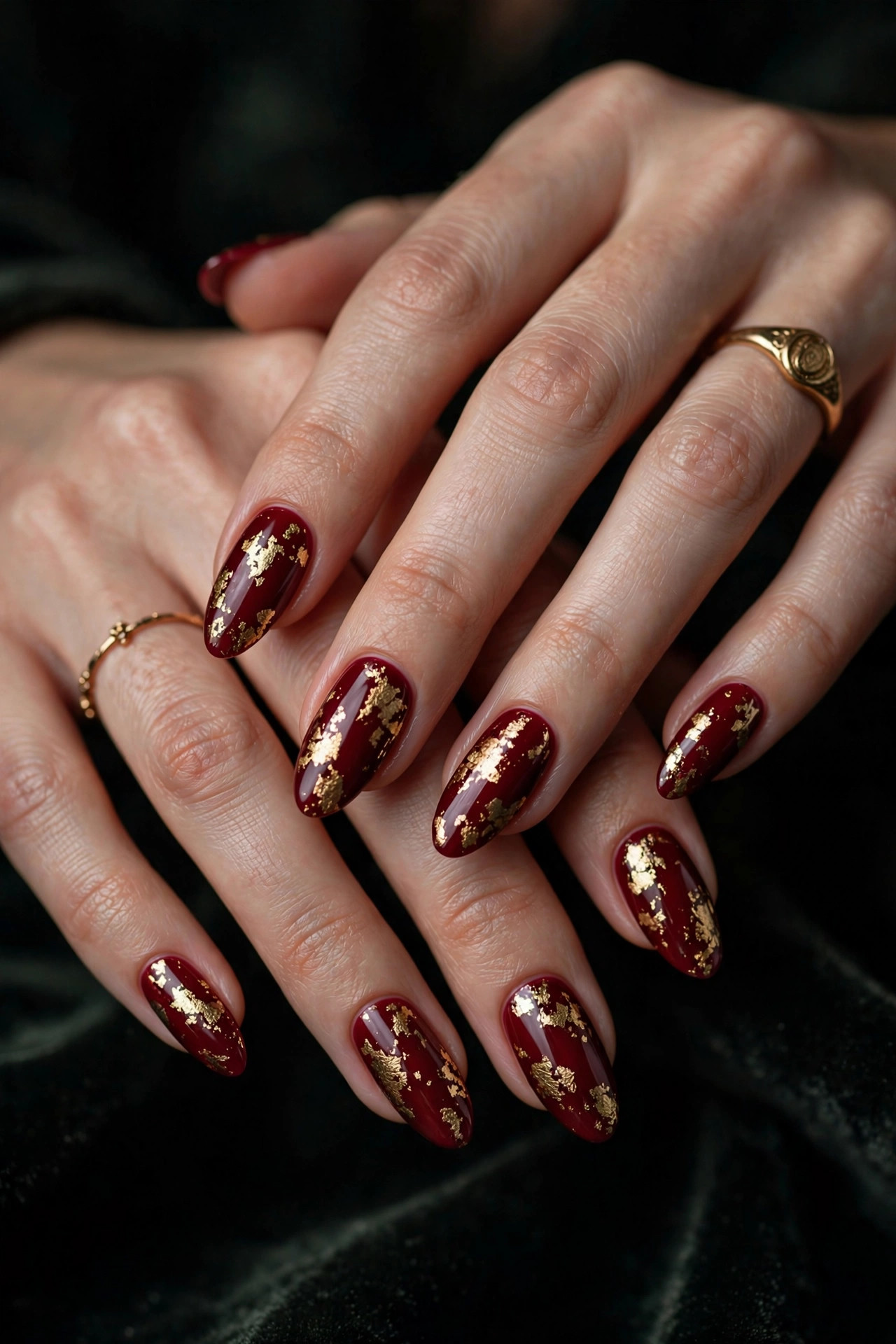 Christmas nail design: Gold Foil on Burgundy
