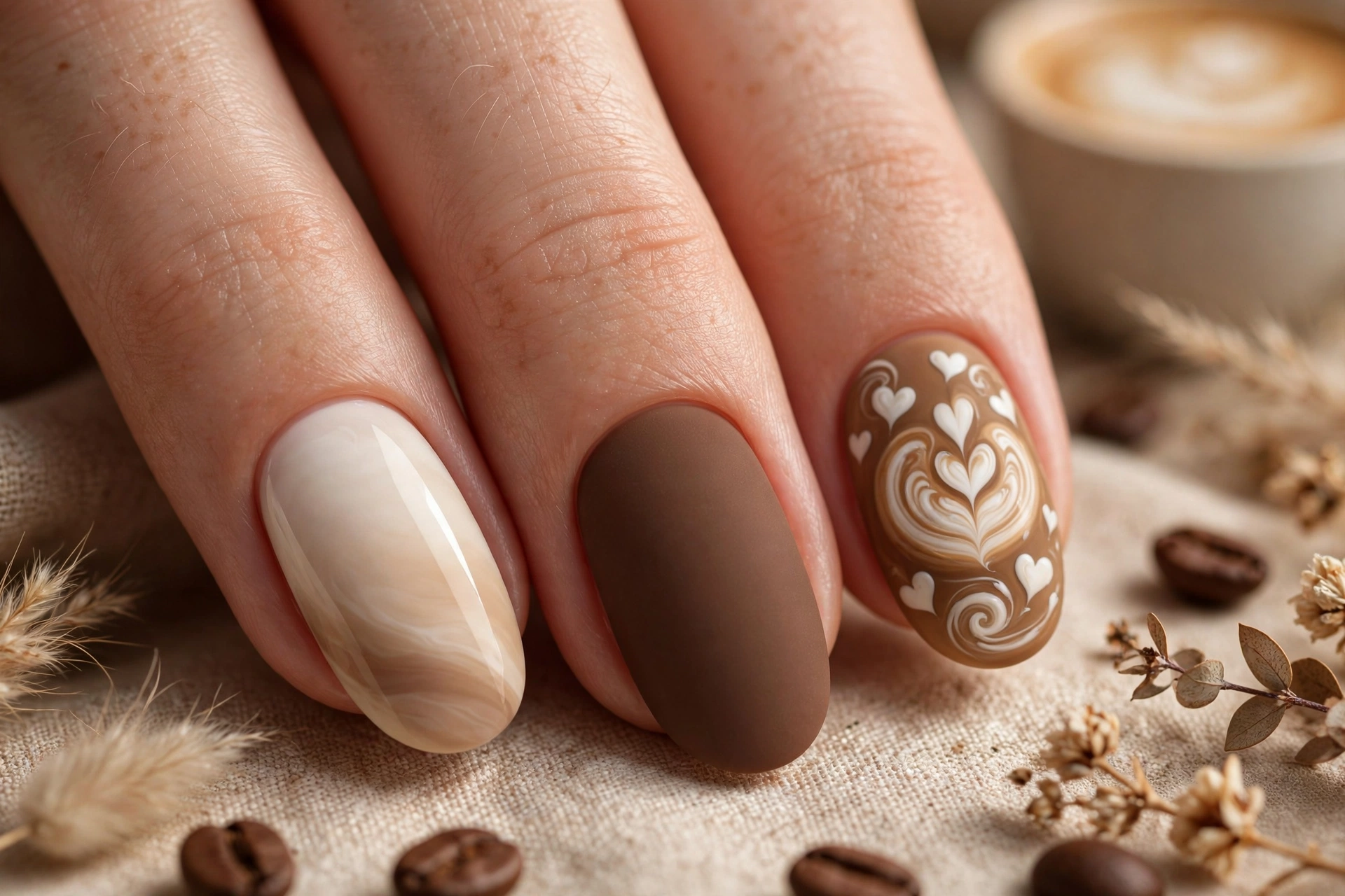 Coffee latte nail designs with gradient and latte art