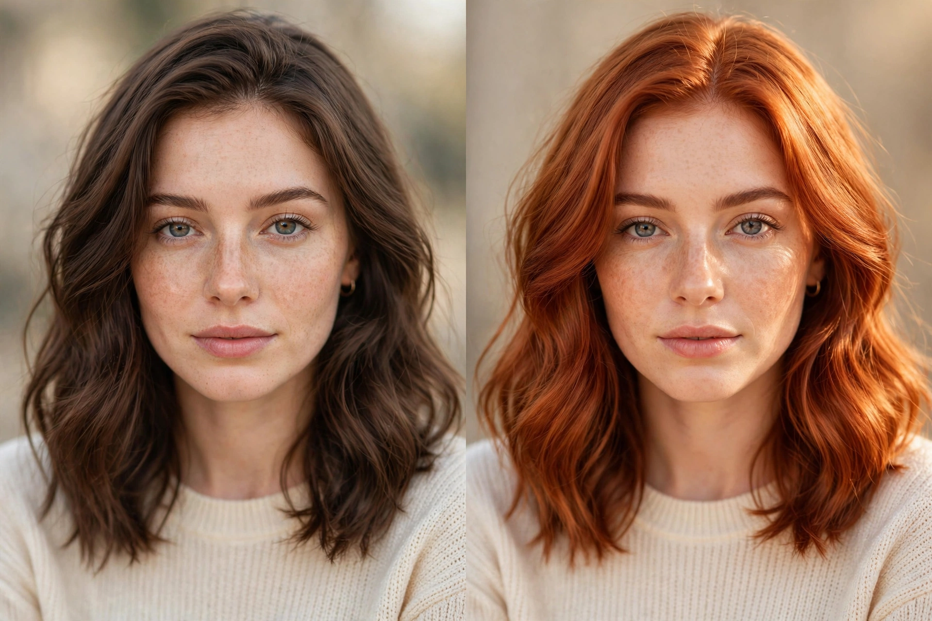 Before and after of medium brown hair dyed classic copper