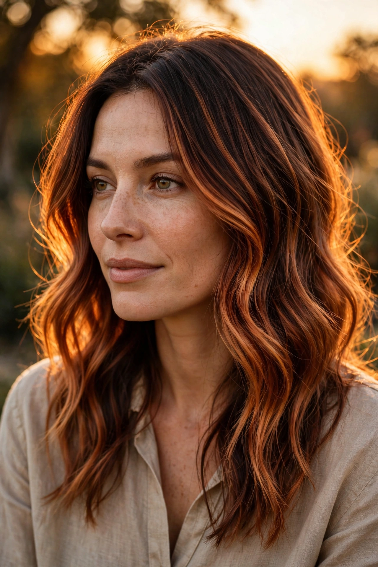 Copper hair color with copper balayage on long wavy hair in sunlight