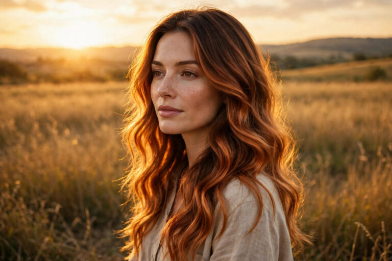 Copper hair color with copper balayage on long wavy hair glowing in warm sunlight