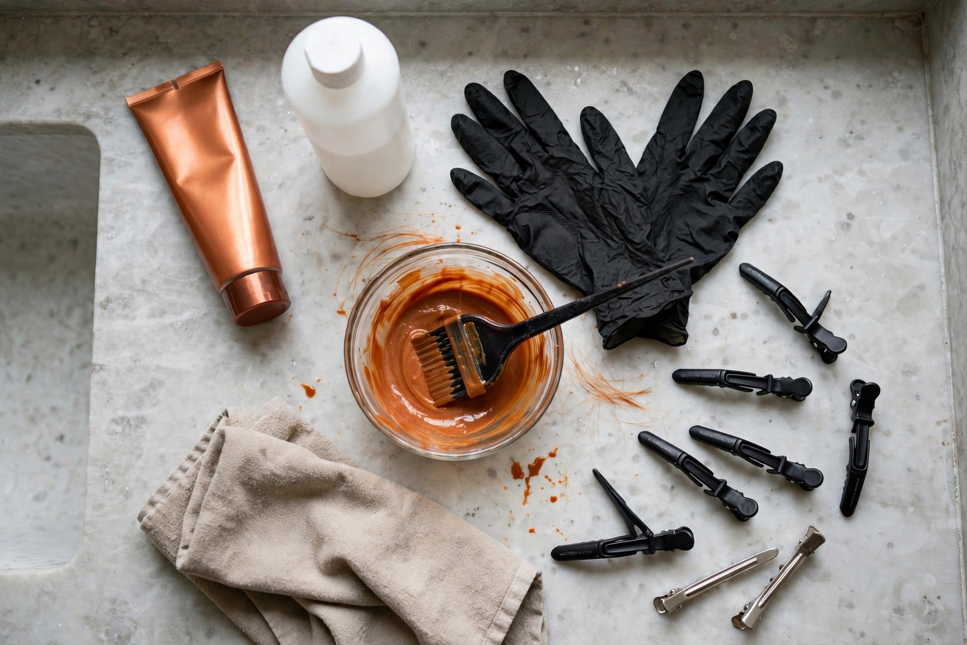 At-home copper hair dye kit with color tube, developer, bowl and brush
