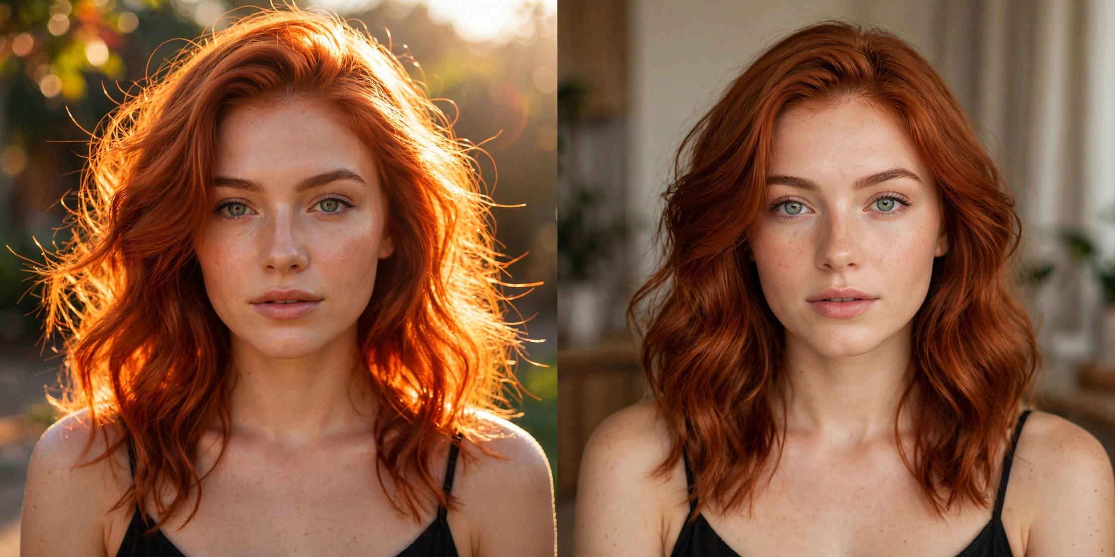 Copper hair color in sunlight versus indoor lighting comparison