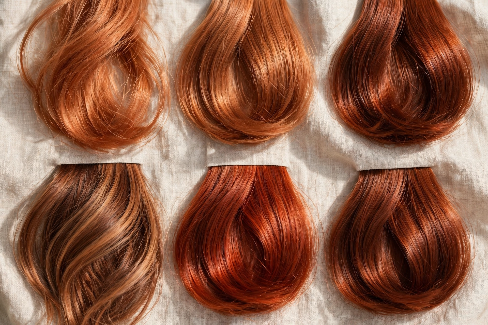 Six copper hair color shades from ginger copper to oxidized copper compared