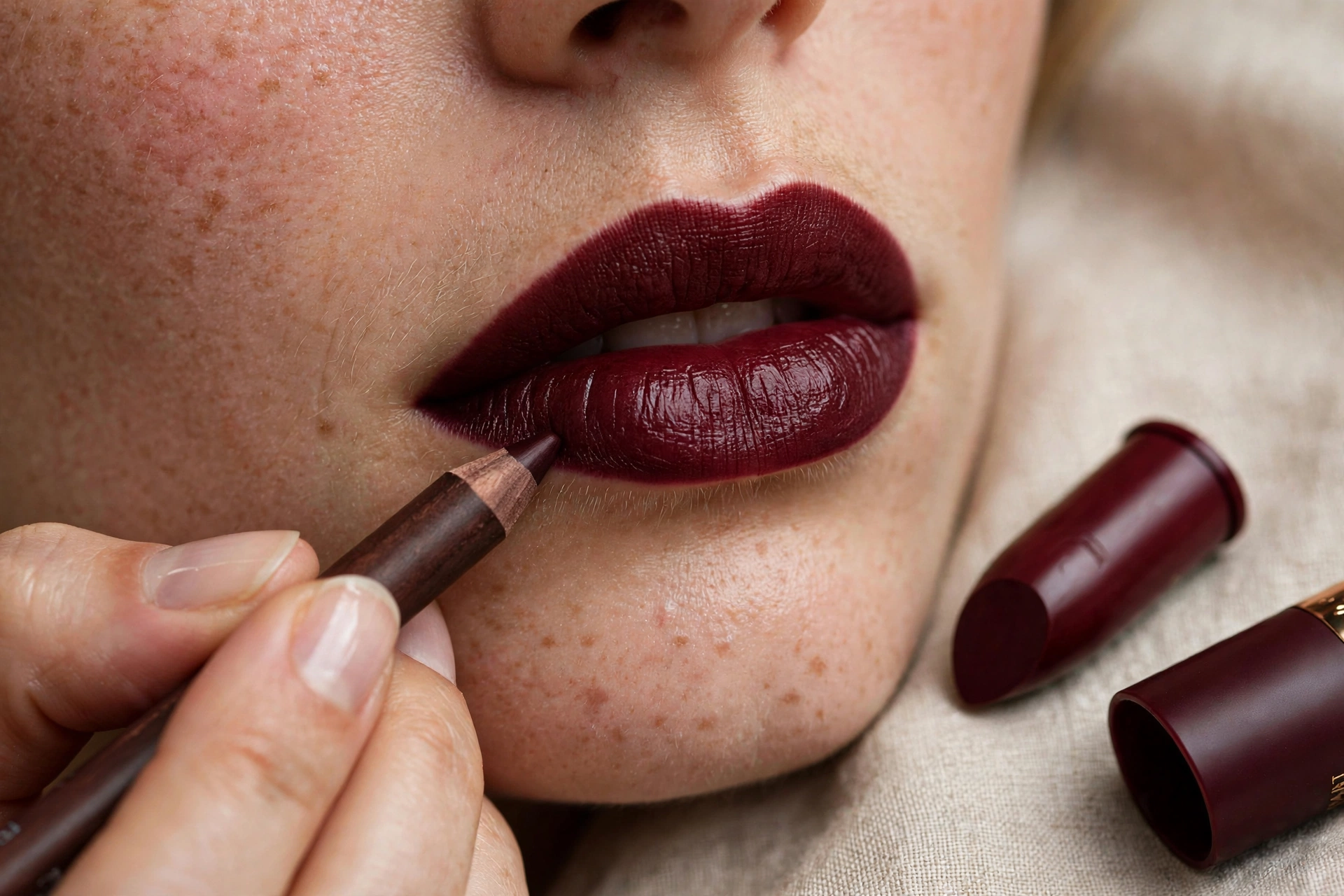 Applying dark cherry lipstick with lip liner
