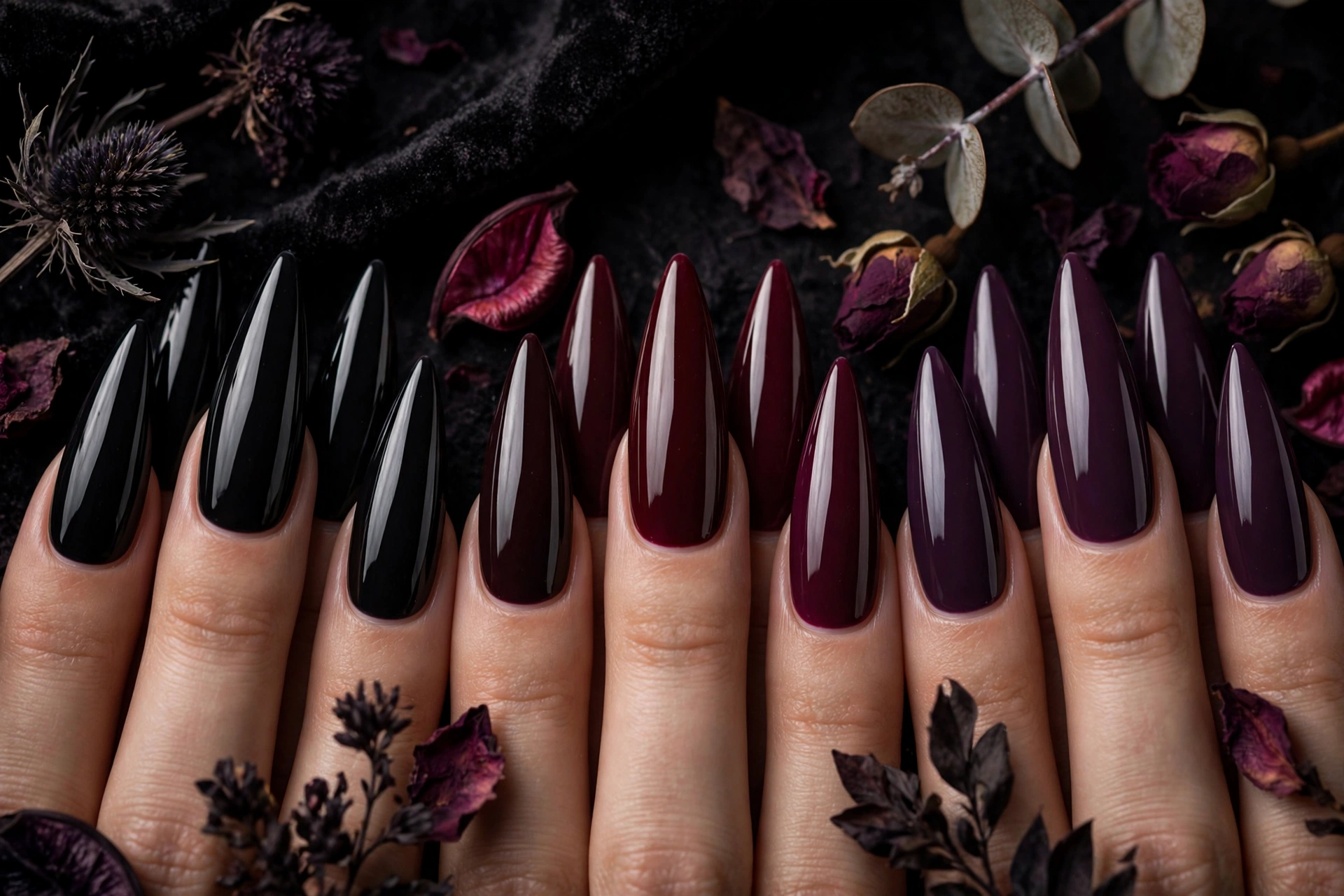 Swatches of dark goth nail polish shades from black to oxblood to plum