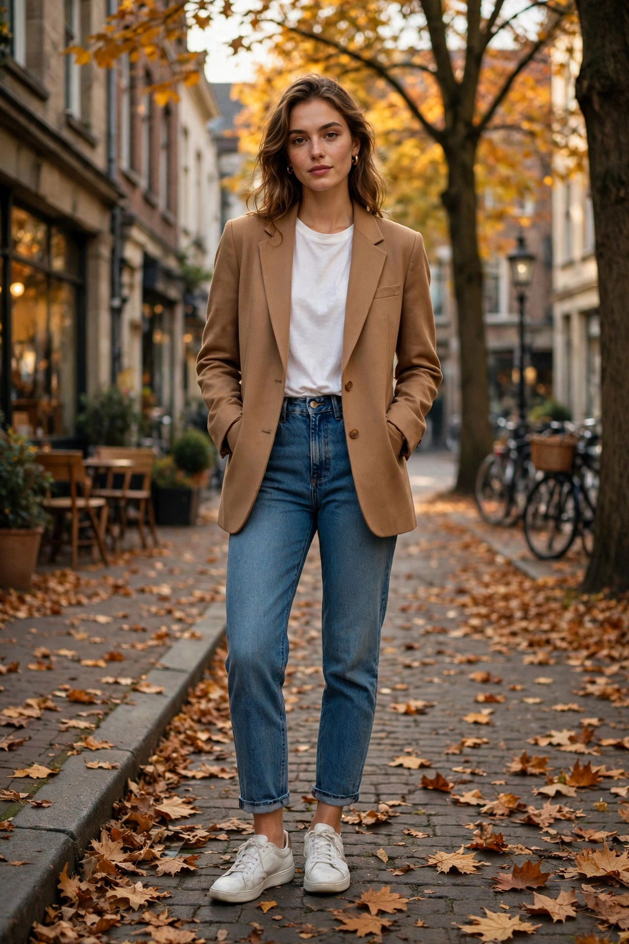 Fall outfit: Camel Blazer Over White Tee and Jeans