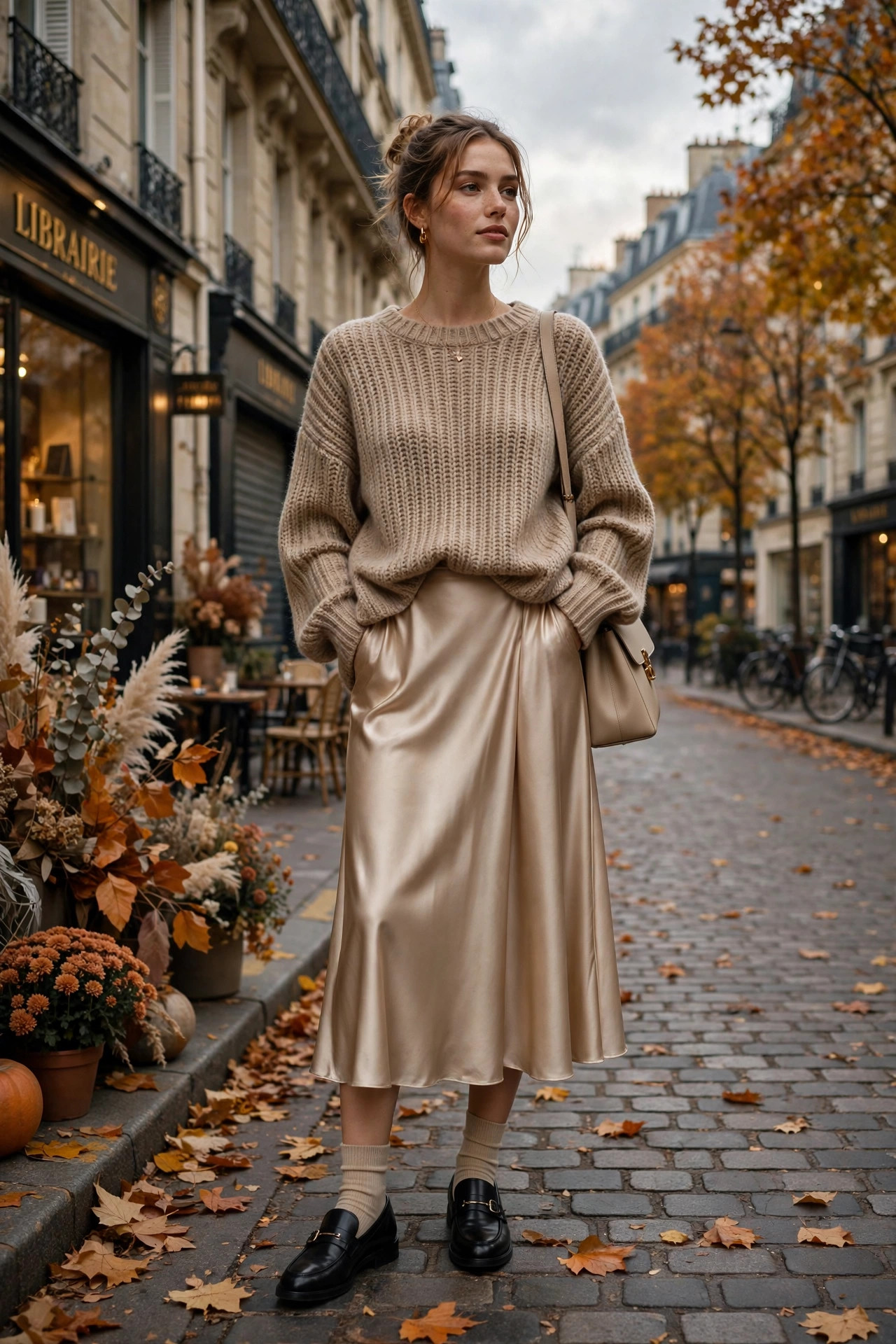 Fall outfit: Oversized Sweater With Satin Skirt