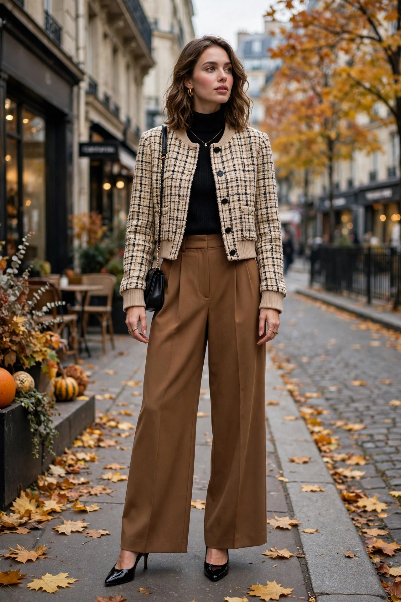 Fall outfit: Cropped Jacket With High-Waist Wide-Leg Trousers