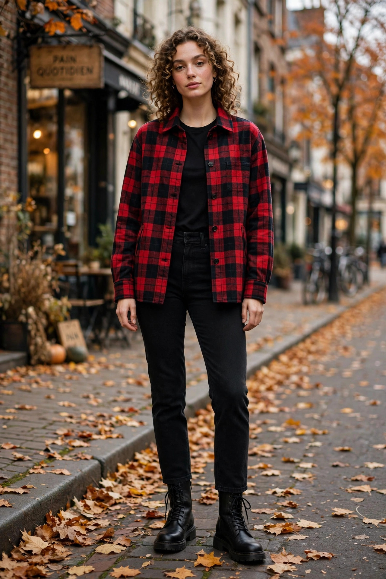 Fall outfit: Plaid Shacket Over All-Black Base